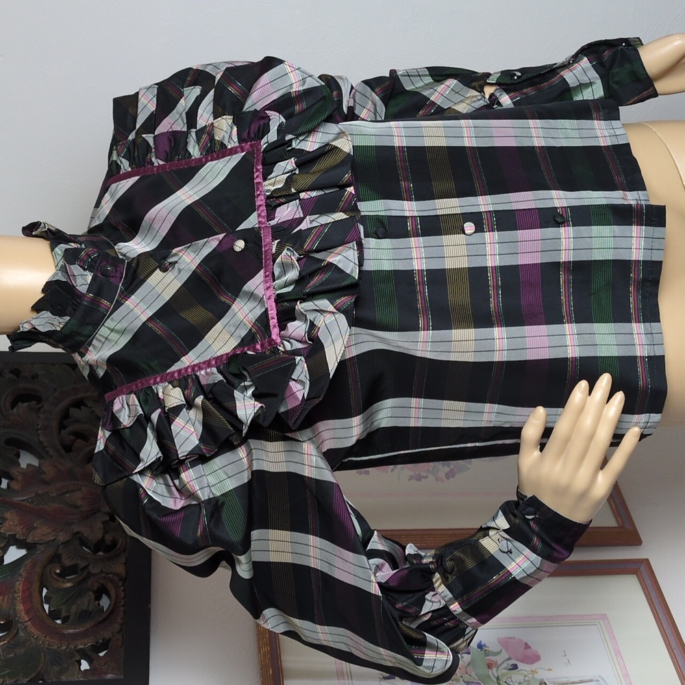 Plaid Ruffle High Neck Metallic Button Up with Puff Sleeve by Elizabeth Jane